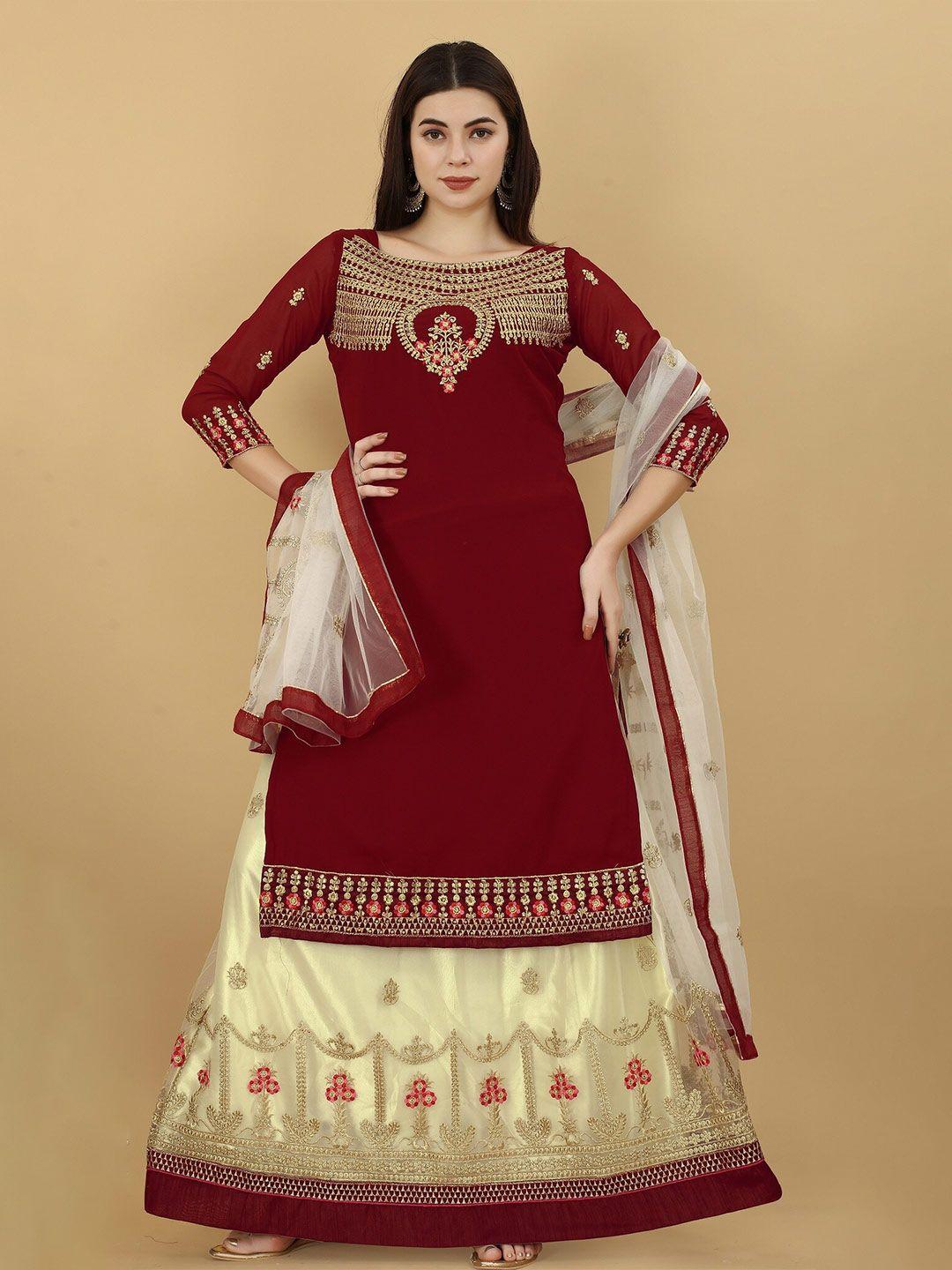 ethnic yard maroon & cream embroidered semi-stitched dress material