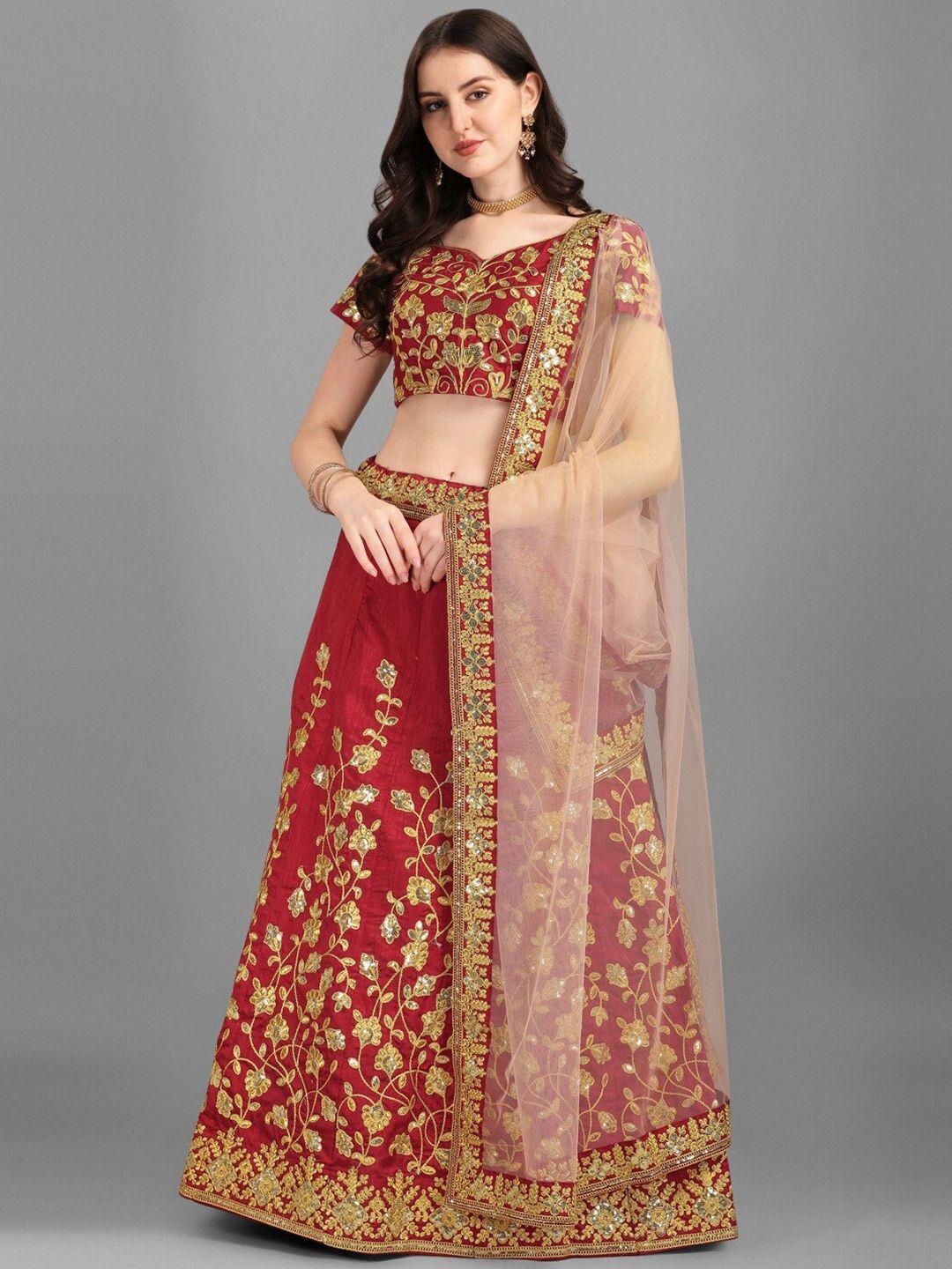 ethnic yard maroon & gold-toned embroidered semi-stitched lehenga & unstitched blouse with dupatta