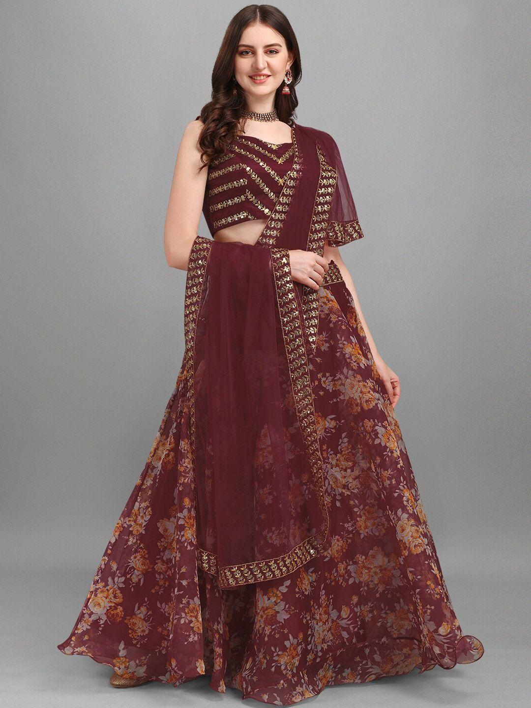 ethnic yard maroon & orange embroidered semi-stitched lehenga & unstitched blouse with dupatta