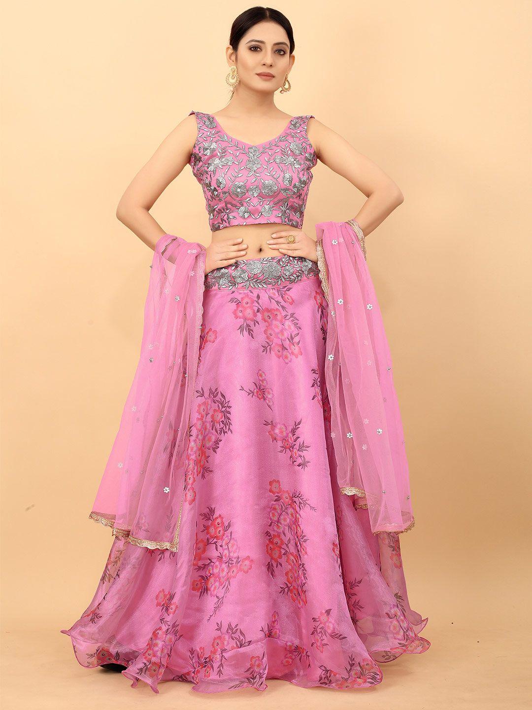 ethnic yard pink & silver-toned semi-stitched lehenga & unstitched blouse with dupatta