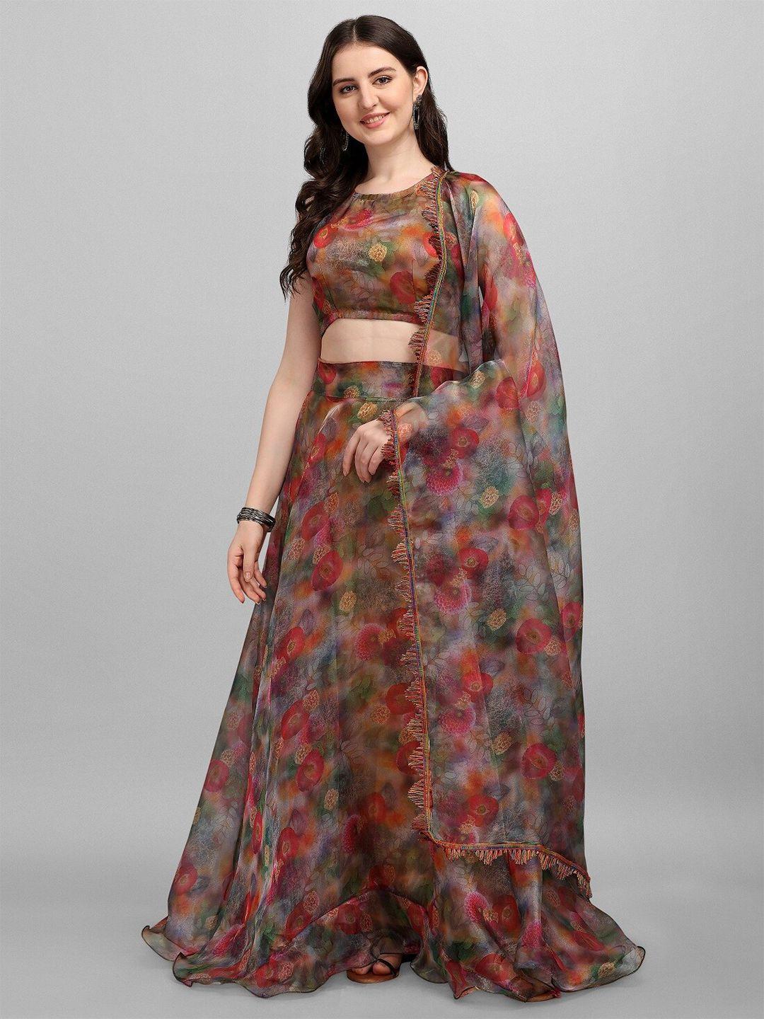 ethnic yard printed organza semi-stitched lehenga & unstitched blouse with dupatta