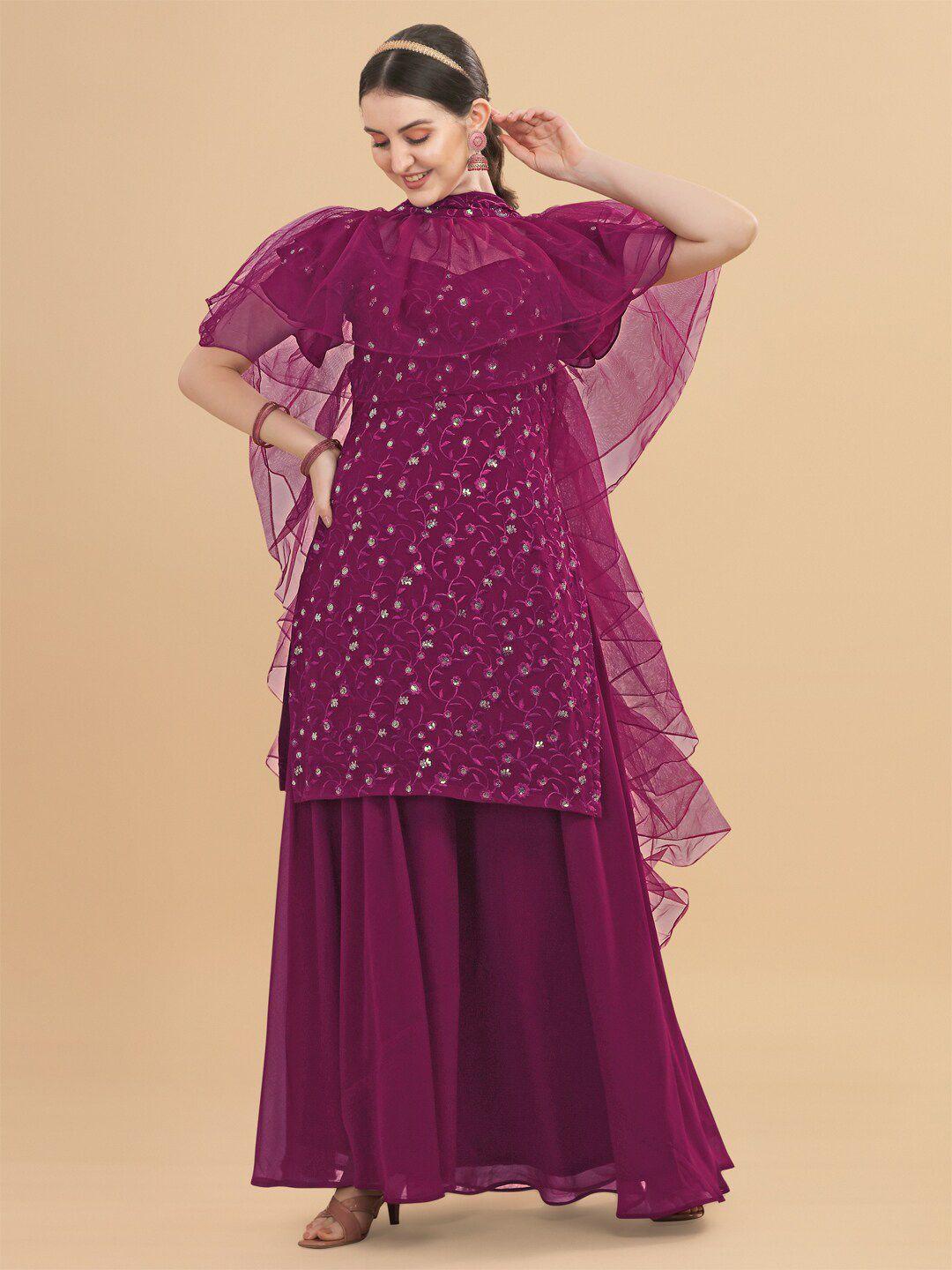 ethnic yard purple embroidered semi-stitched dress material