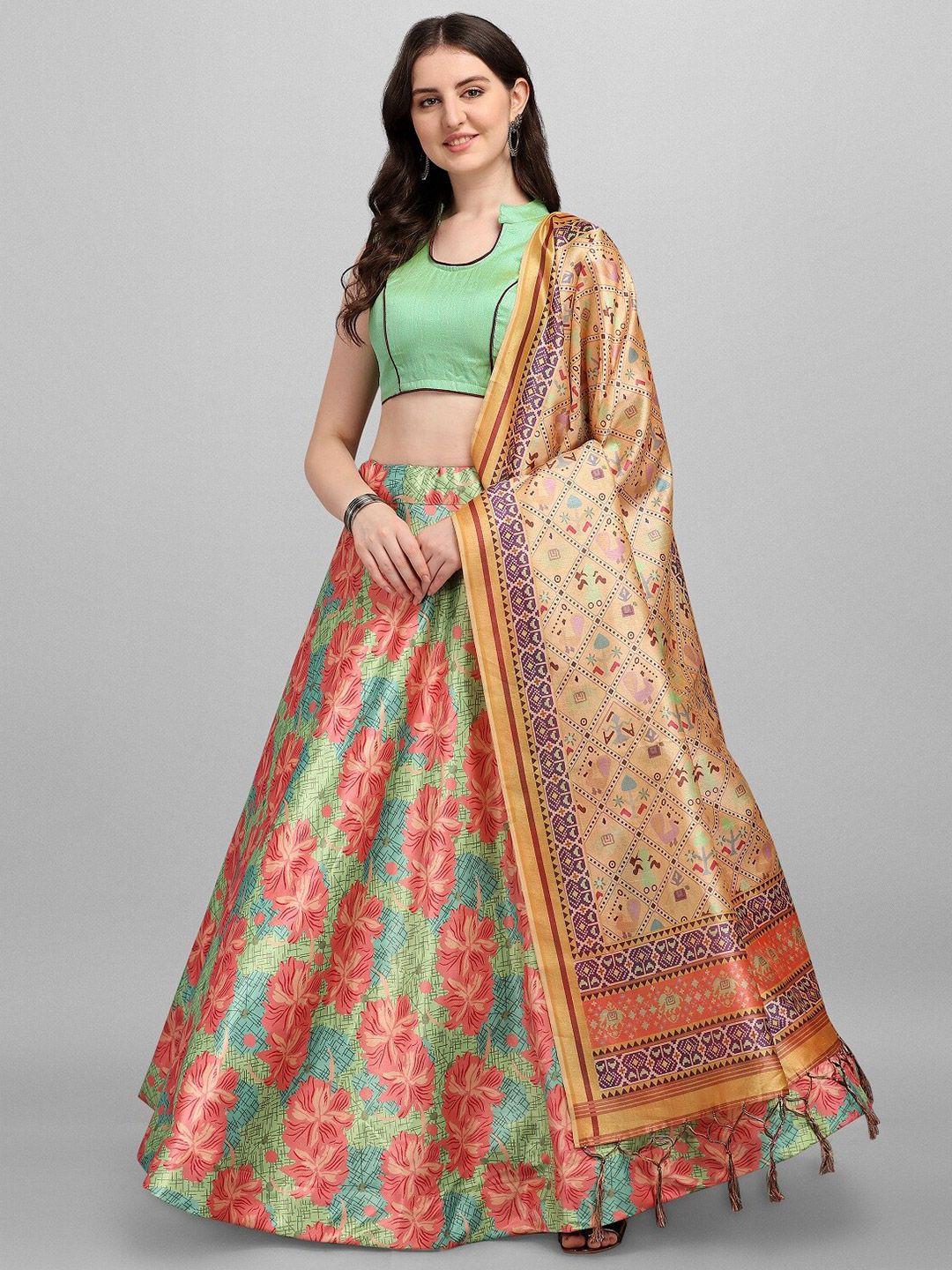 ethnic yard sea green & red semi-stitched lehenga & unstitched blouse with dupatta