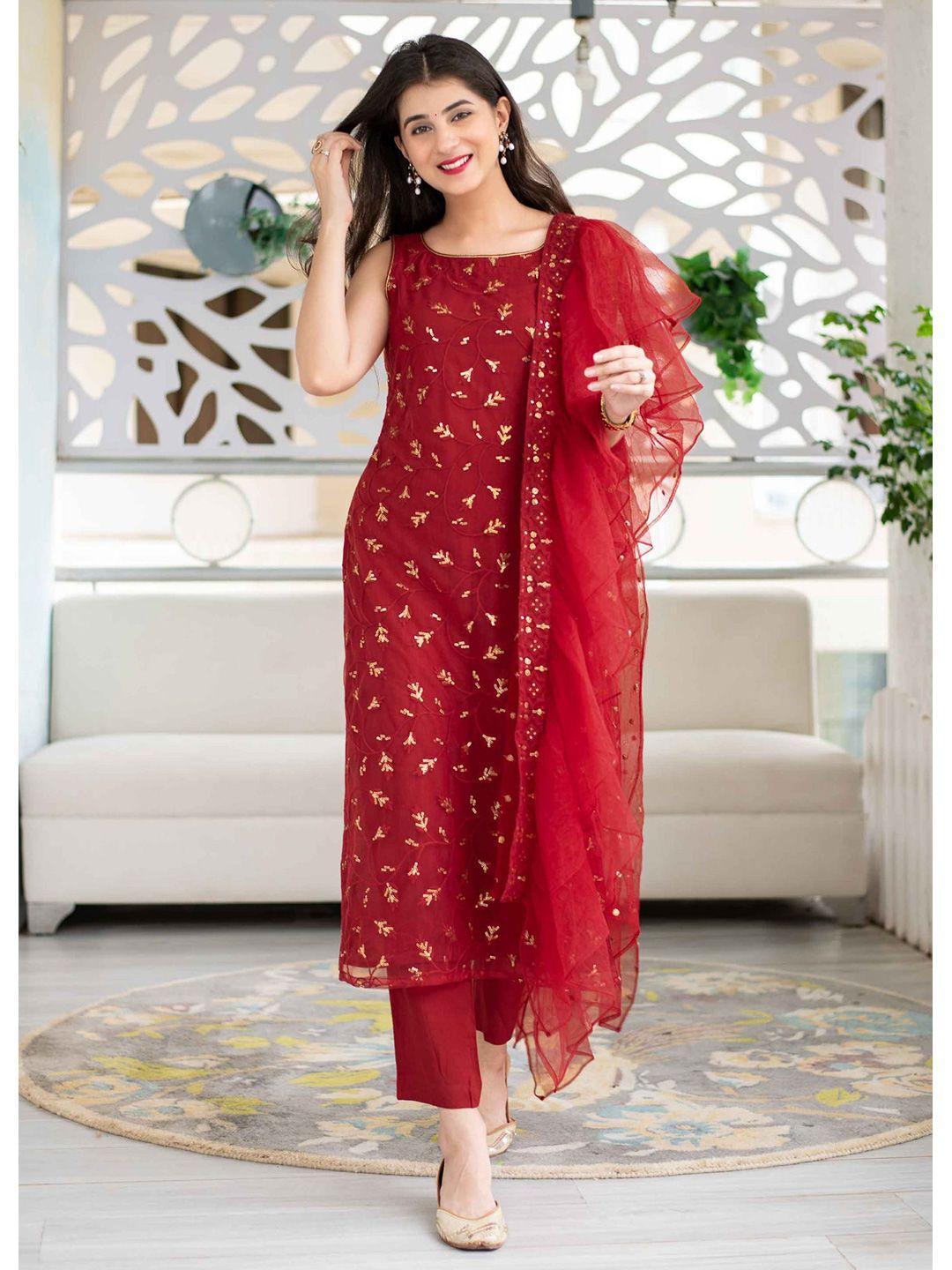 ethnic yard women red & gold-toned embroidered semi-stitched dress material