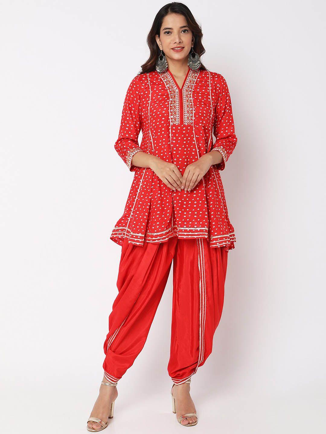 ethnicity printed v-neck a-line kurti top & dhoti pants