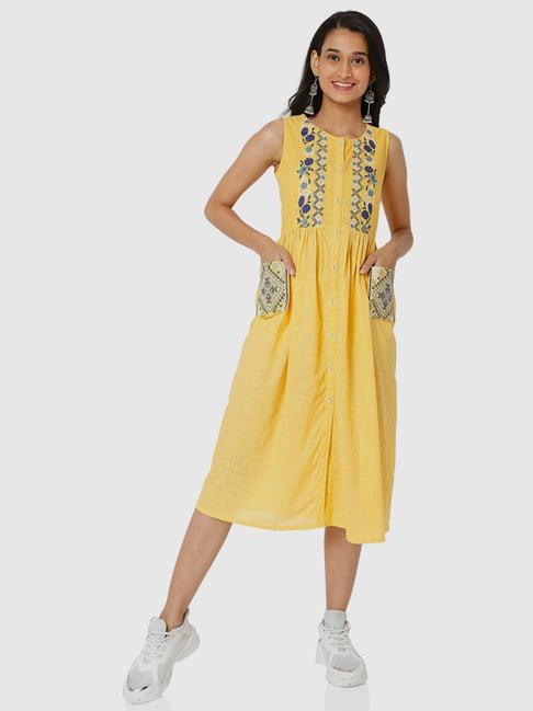 ethnicity yellow embroidered a-line dress