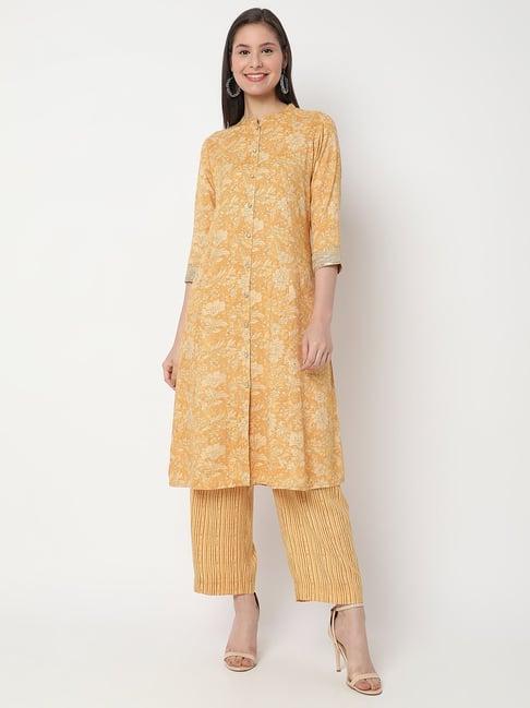ethnicity amber yellow printed kurta pants set