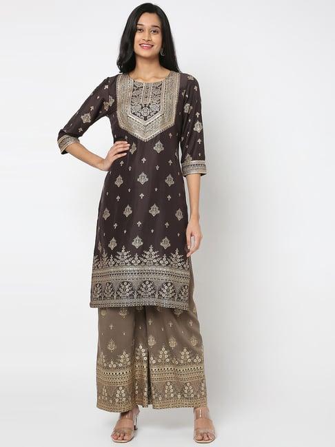 ethnicity brown embroidered kurta palazzo set with dupatta