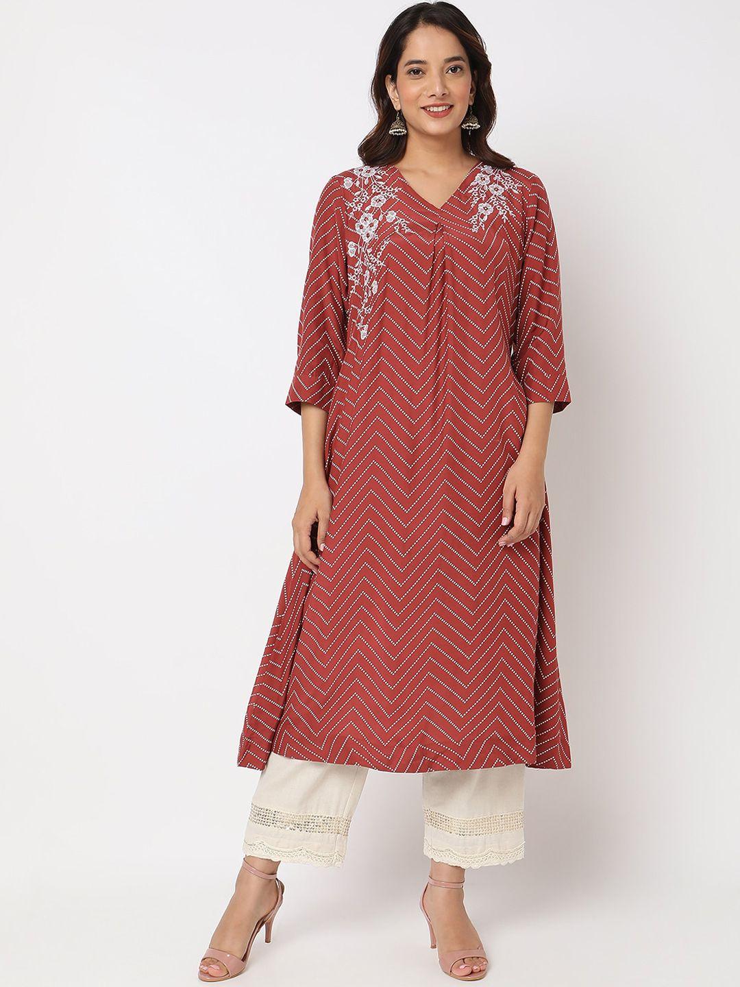 ethnicity chevron printed mirror & thread work a-line kurta