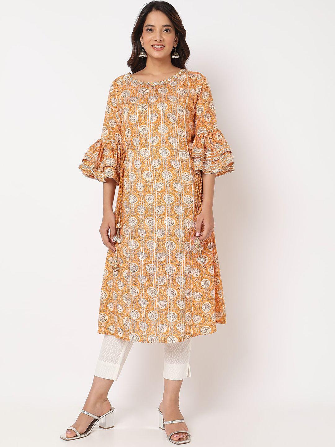 ethnicity ethnic motifs printed bell sleeves mirror work gotta patti cotton kurta