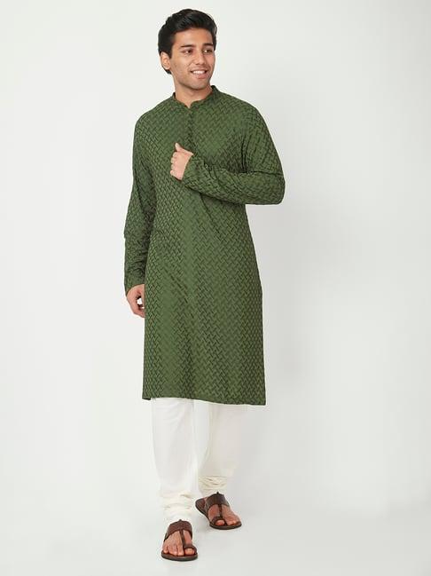 ethnicity green & white embroidered kurta churidar set