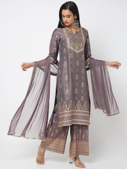 ethnicity grey printed kurta palazzo set with dupatta