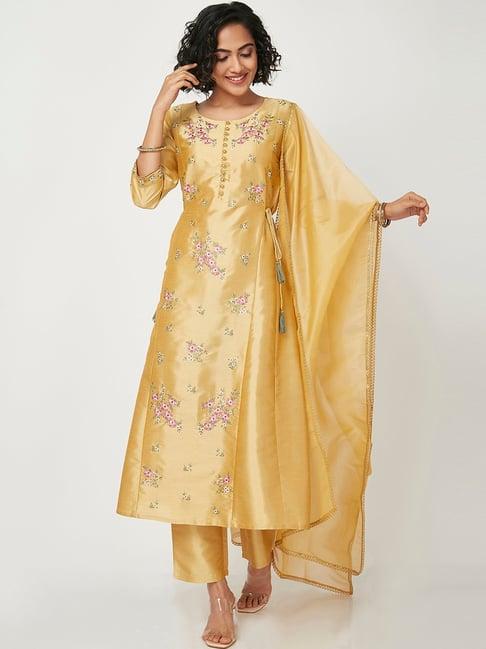 ethnicity mustard printed kurta pant set with dupatta