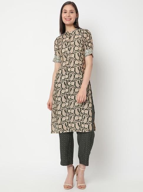 ethnicity olive printed kurta pants set