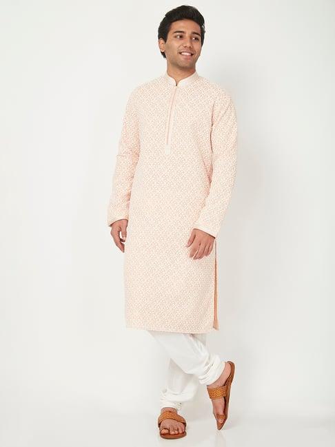 ethnicity peach & white embellished kurta churidar set