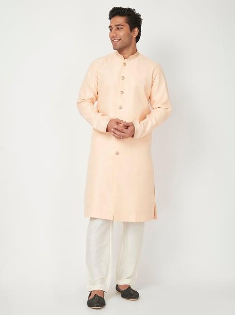 ethnicity peach & white embellished kurta churidar set