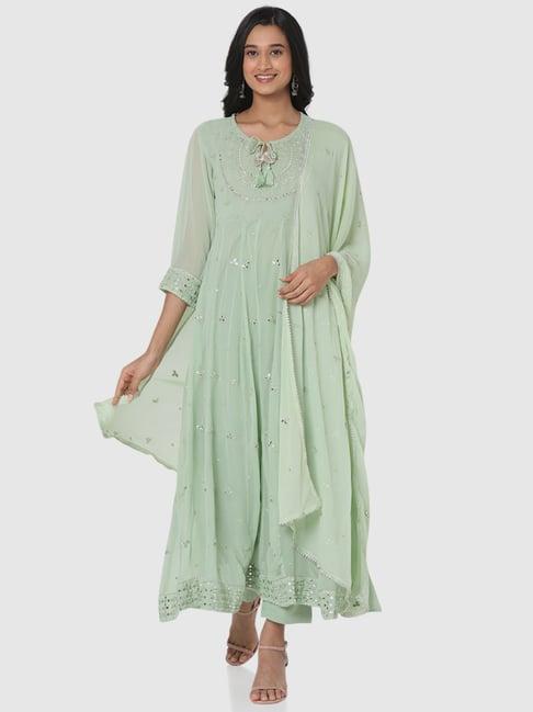ethnicity pista green embroidered kurta pant set with dupatta