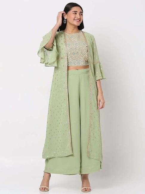 ethnicity pista green embroidered top palazzo set with cape