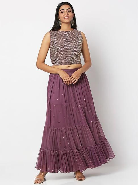 ethnicity purple embellished crop top skirt set