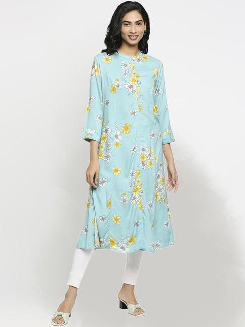 ethnicity sky blue floral print straight kurta