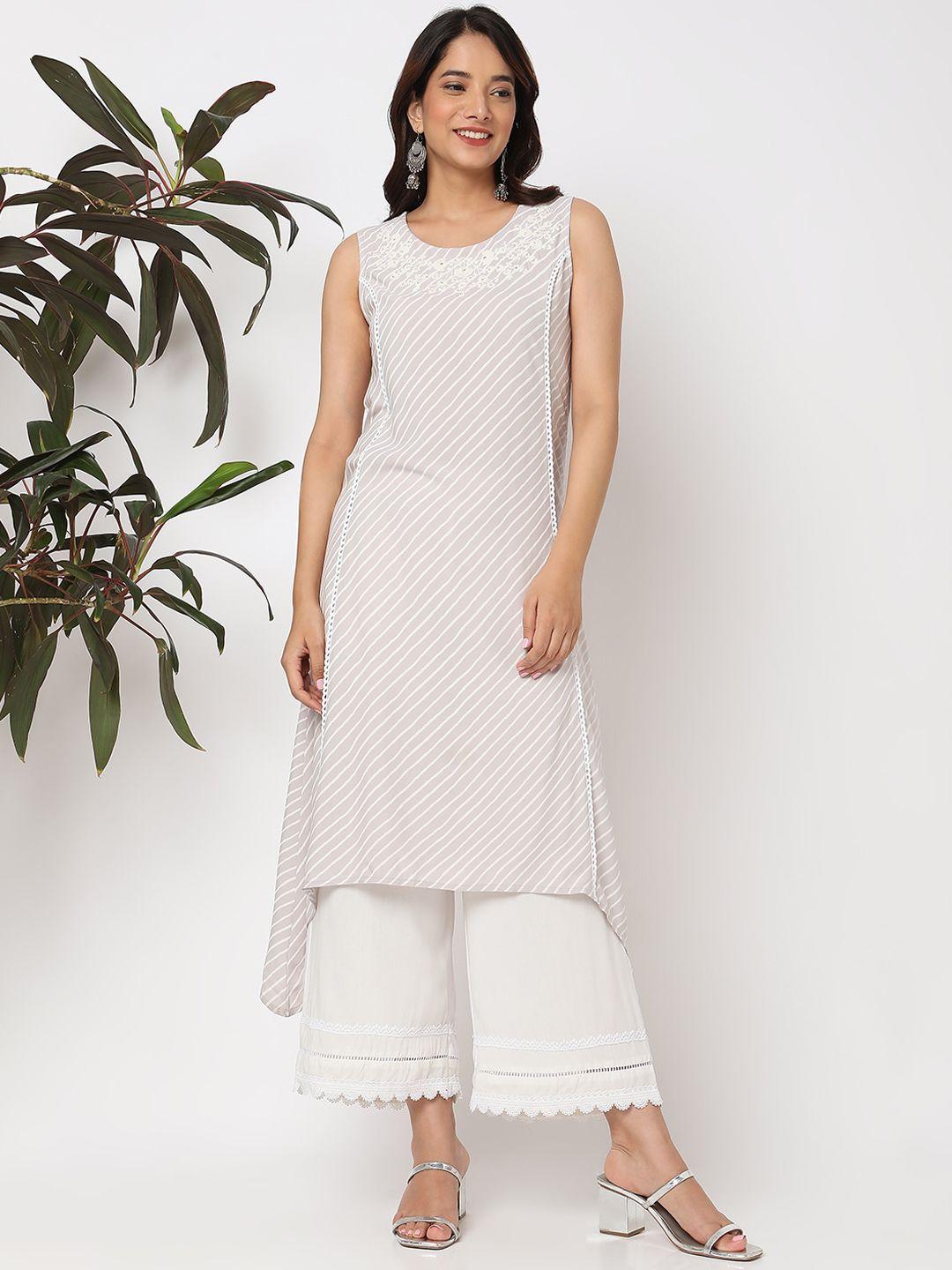 ethnicity striped  sequinned thread work high low a-line kurta