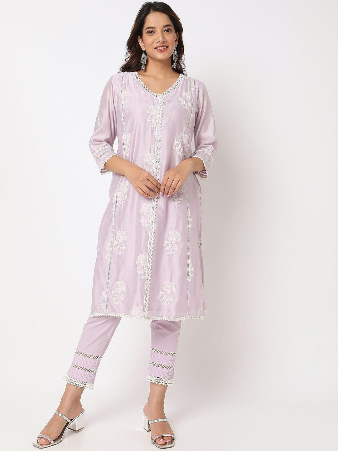 ethnicity v-neck paneled floral embroidered straight kurta