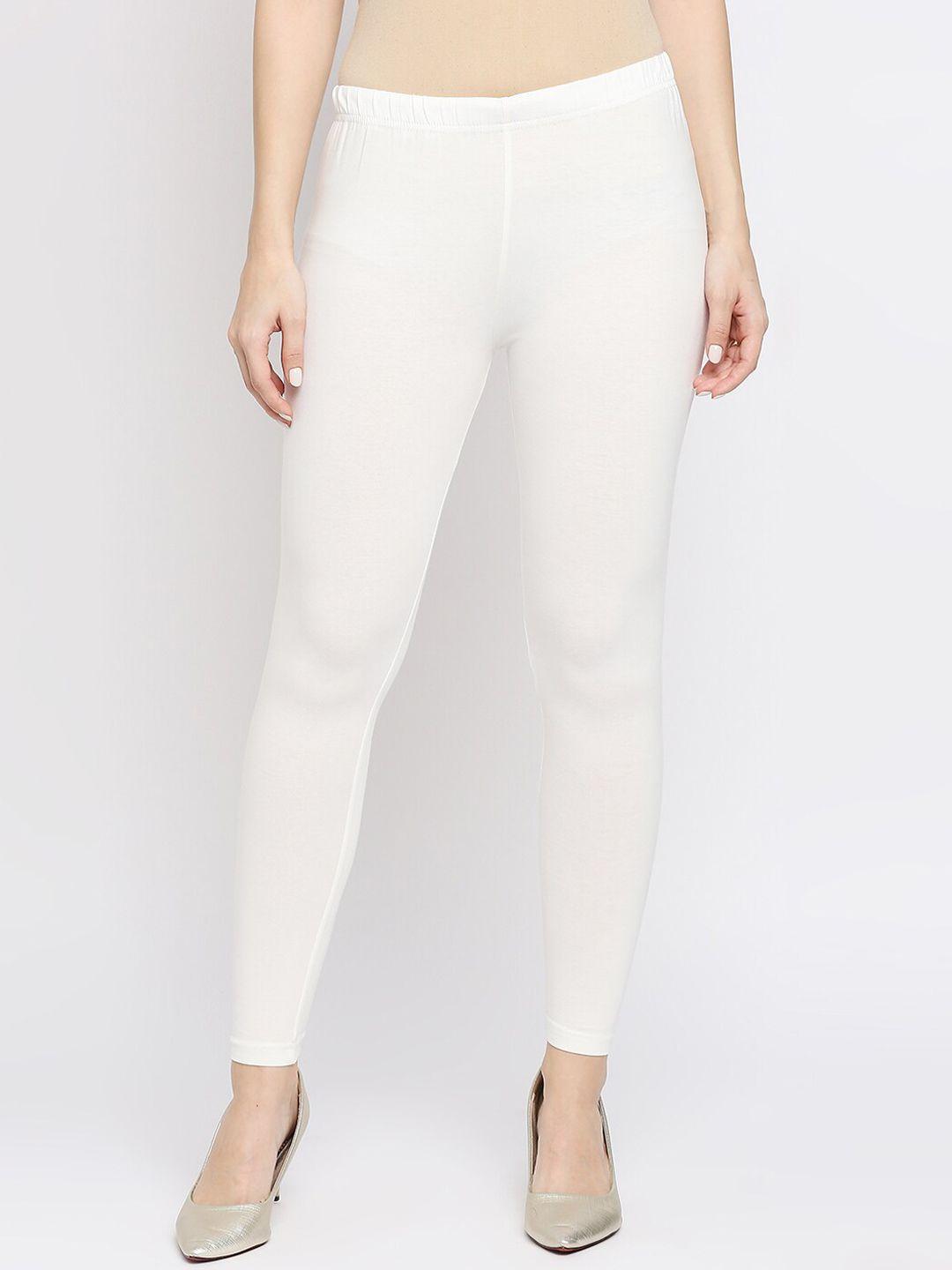 ethnicity women off white solid cotton lycra ankle-length leggings