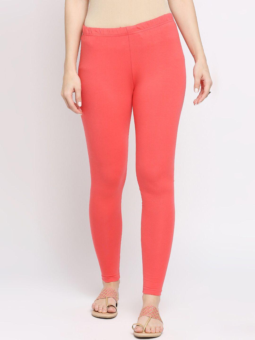 ethnicity women peach-coloured solid cotton lycra ankle length leggings