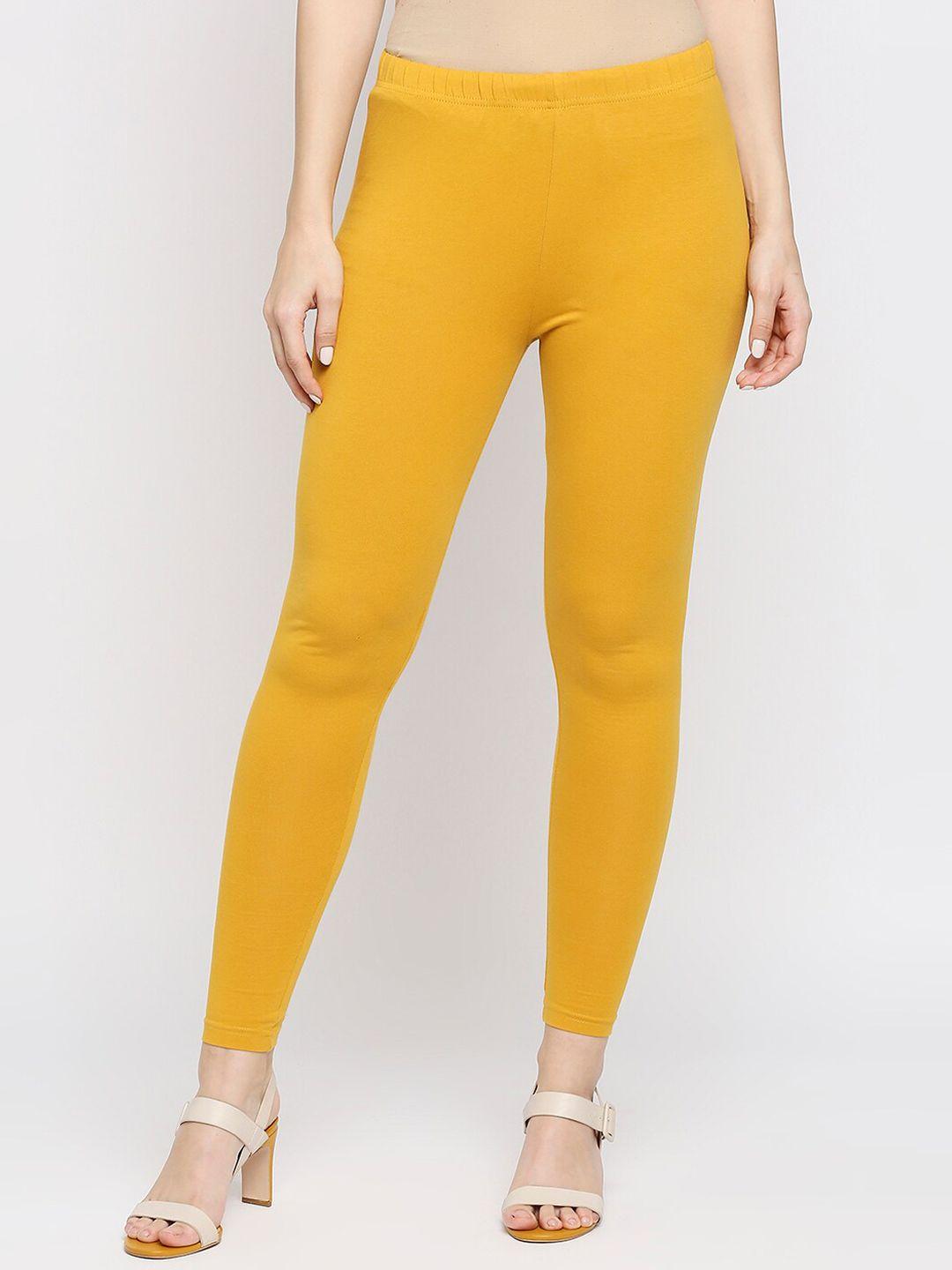 ethnicity women yellow solid cotton ankle length leggings