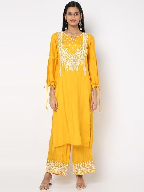 ethnicity yellow embroidered kurta palazzo set