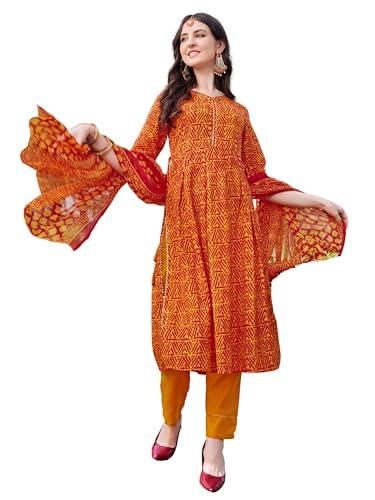ethnicjunction women's geometric print cotton blend a-line kurta pant with dupatta set (skd31-sarso-mustard_l_mustard & orange)