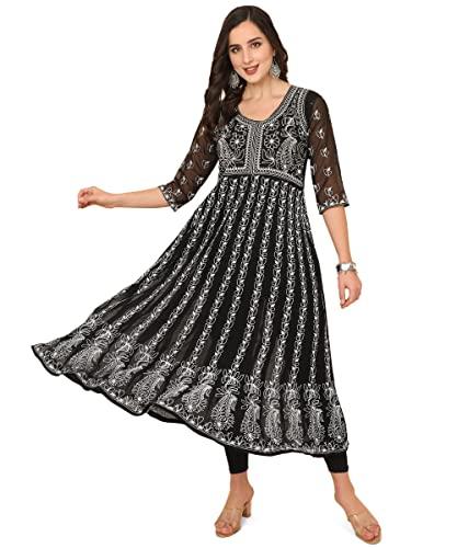 ethnicjunction women's georgette chikankari embroidered anarkali kurta (b19-apsara-black_xl_black)