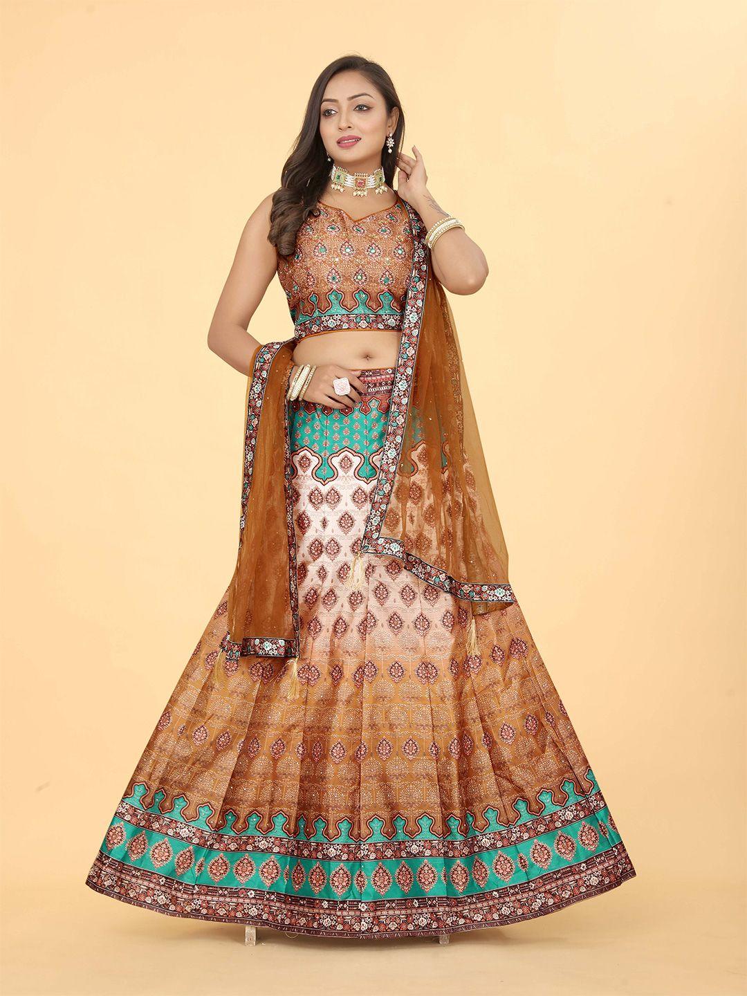ethnictree printed mirror work ready to wear lehenga & blouse with dupatta