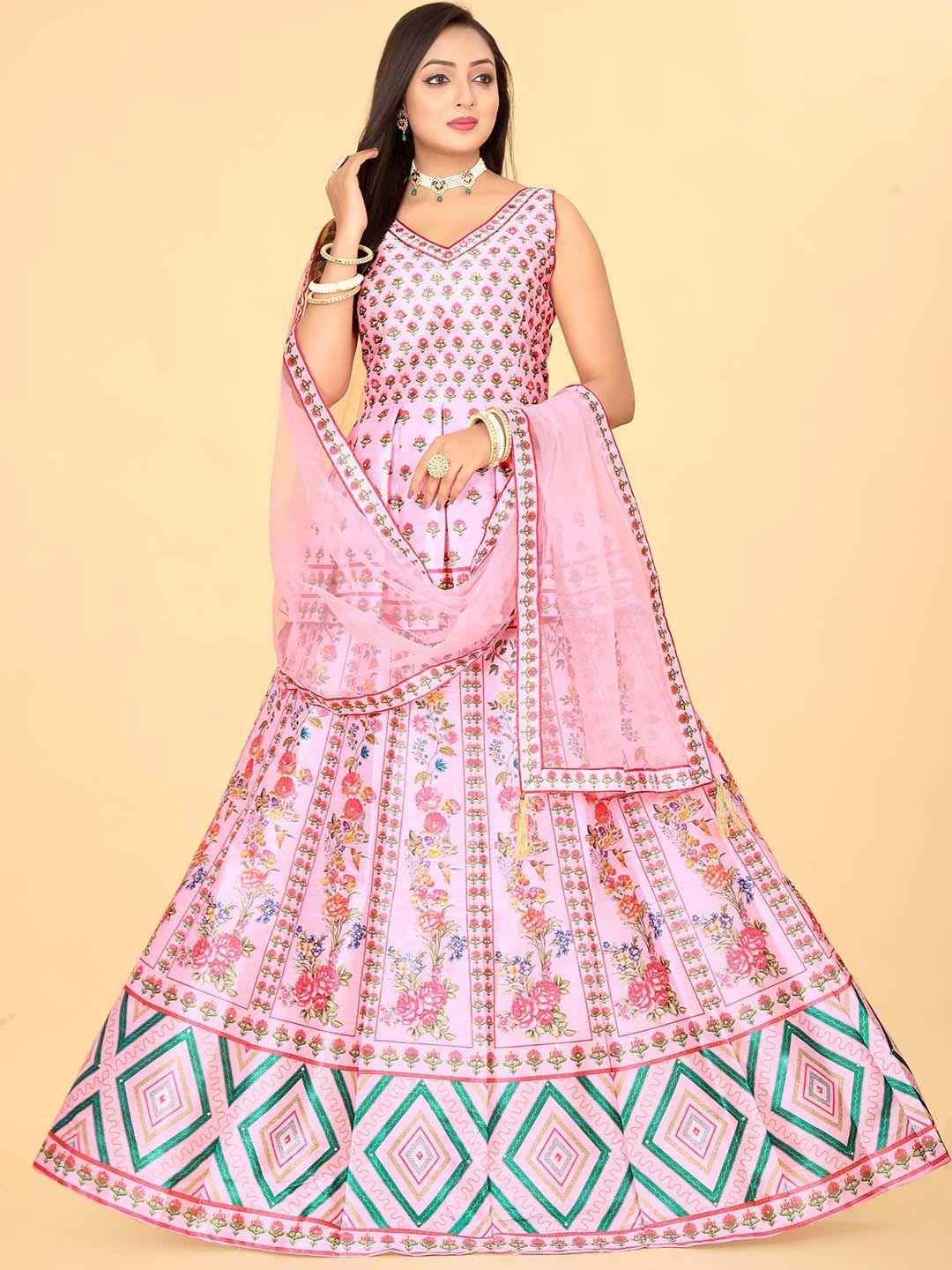 ethnictree printed v-neck silk maxi gown with dupatta