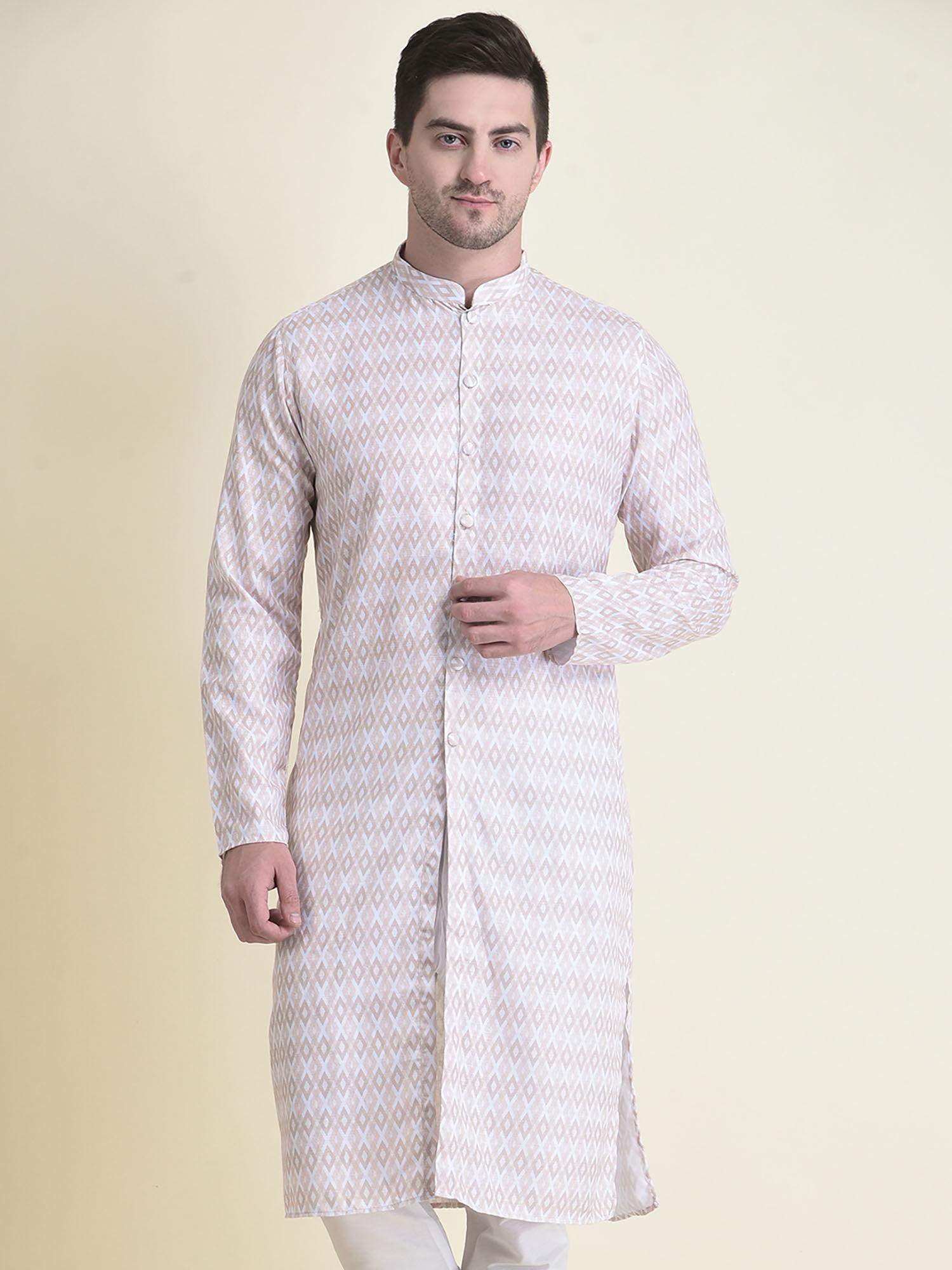 ethnicwear beige cotton printed long sleeves mandarin kurta for men