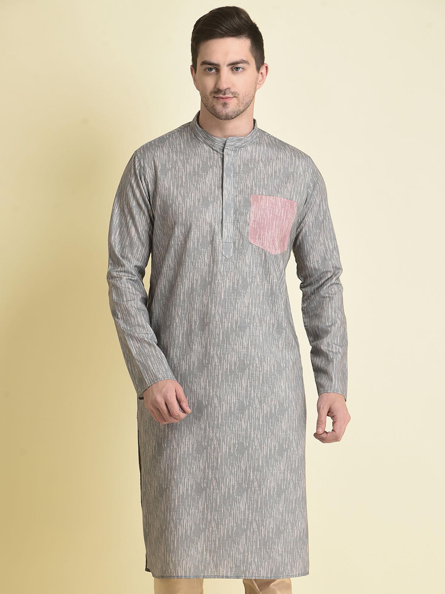 ethnicwear grey cotton printed long sleeves mandarin kurta for men