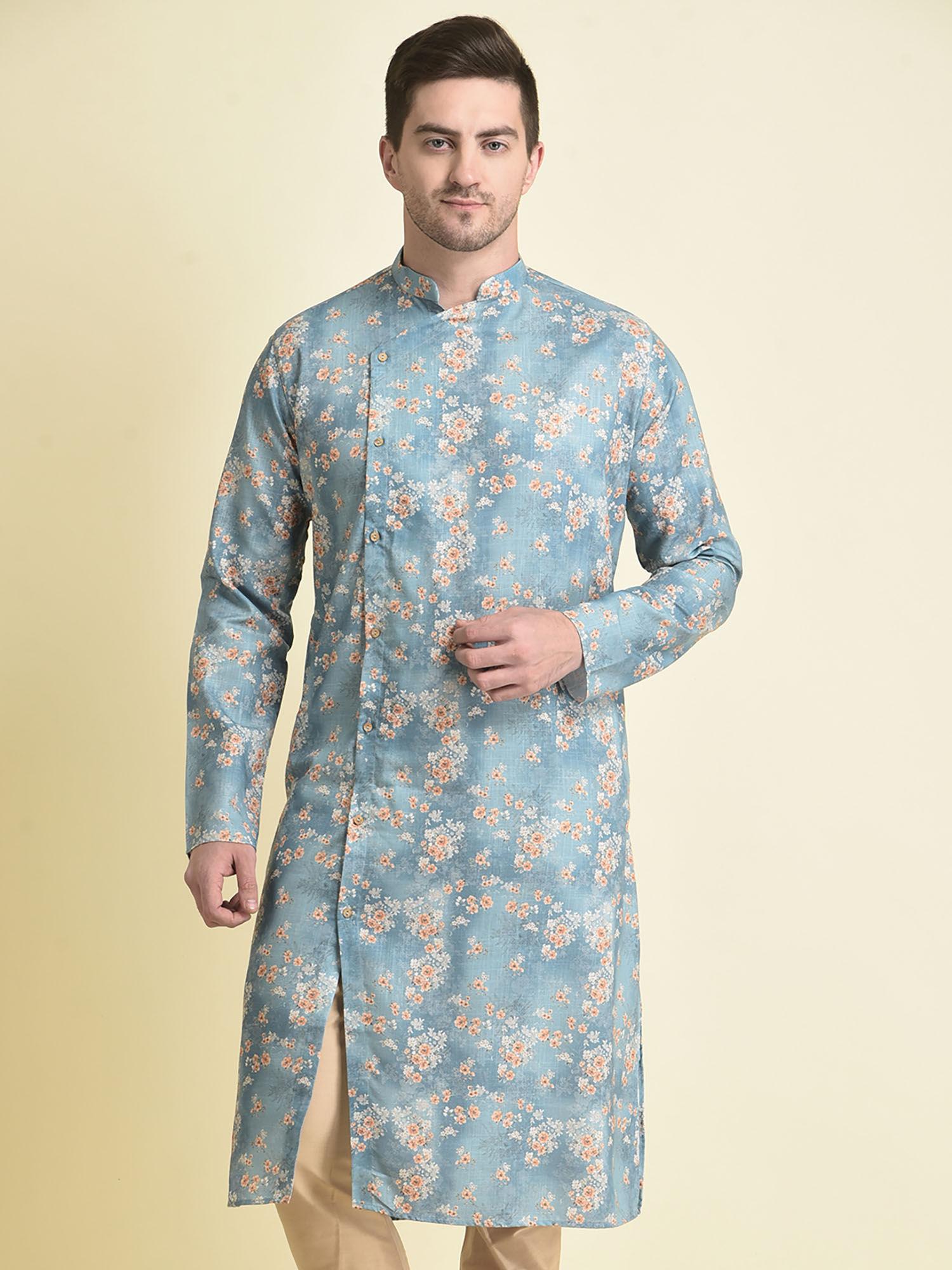 ethnicwear blue cotton printed long sleeves mandarin kurta for men