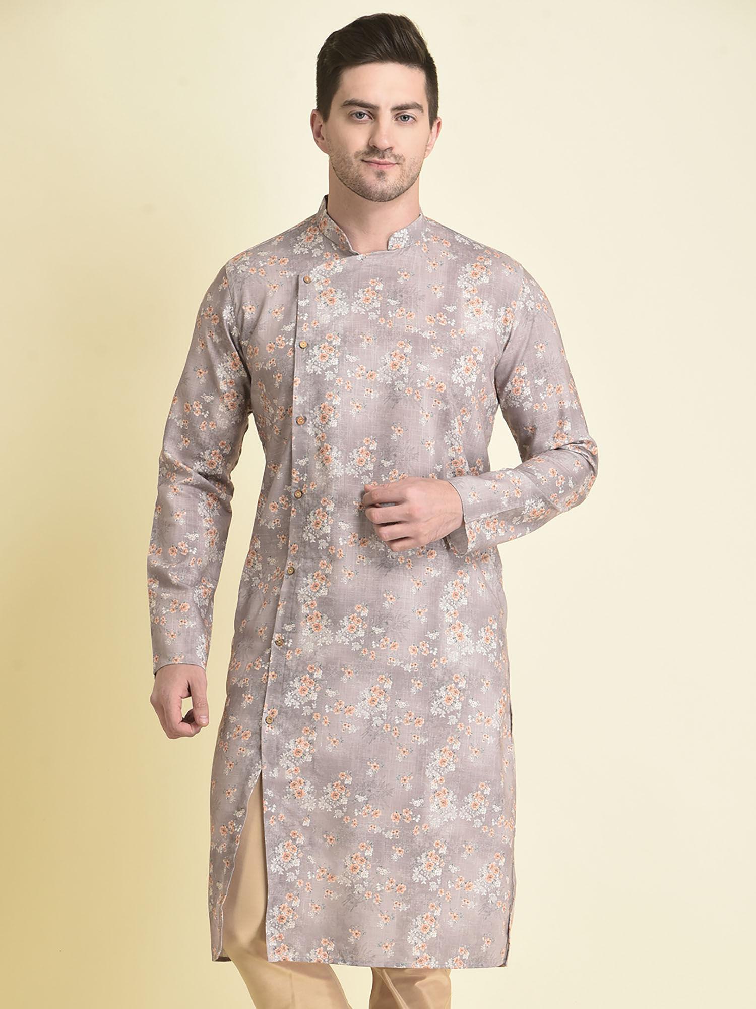 ethnicwear grey cotton printed long sleeves mandarin kurta for men