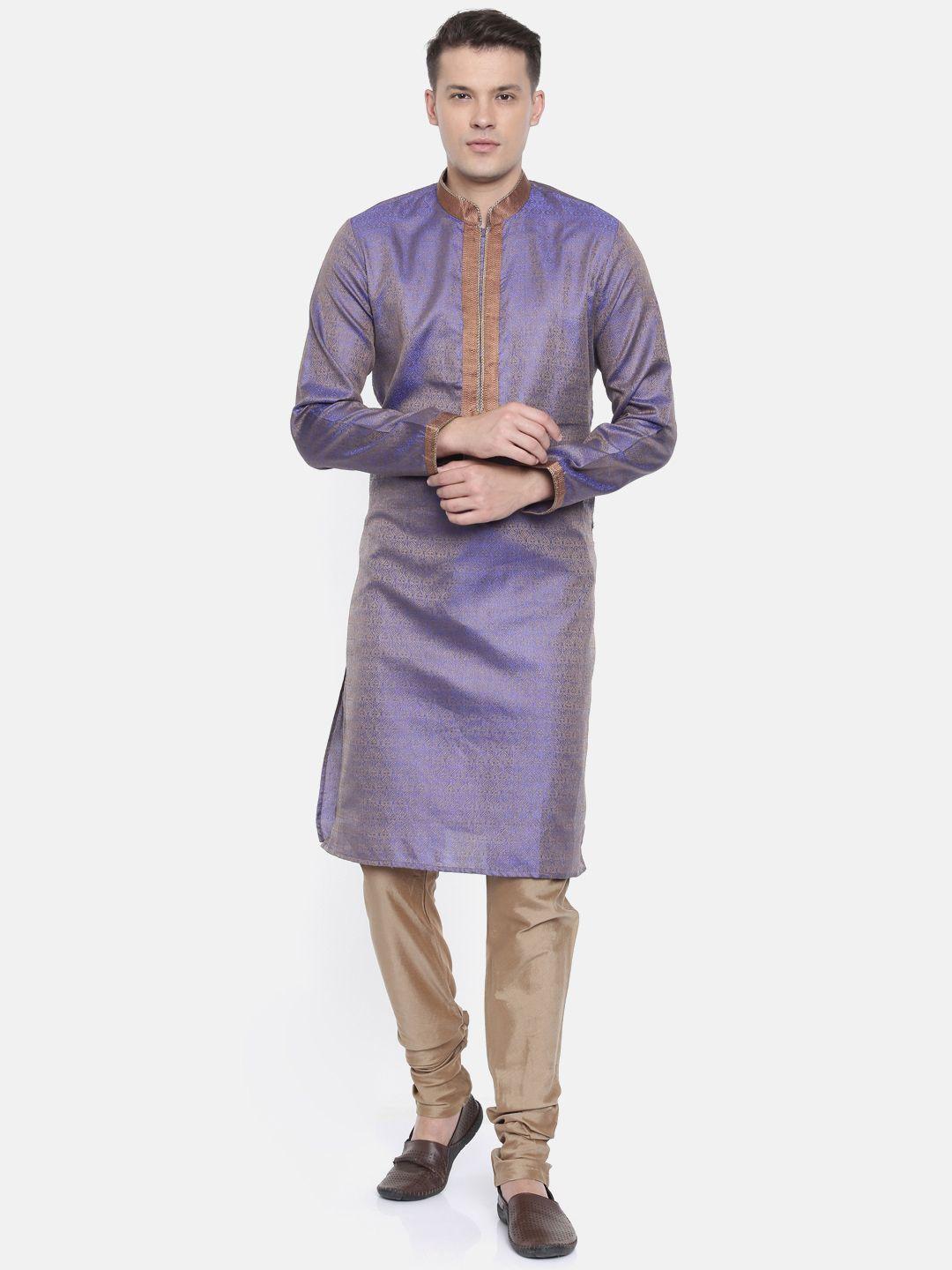 ethnix by raymond men purple & beige self design kurta with churidar