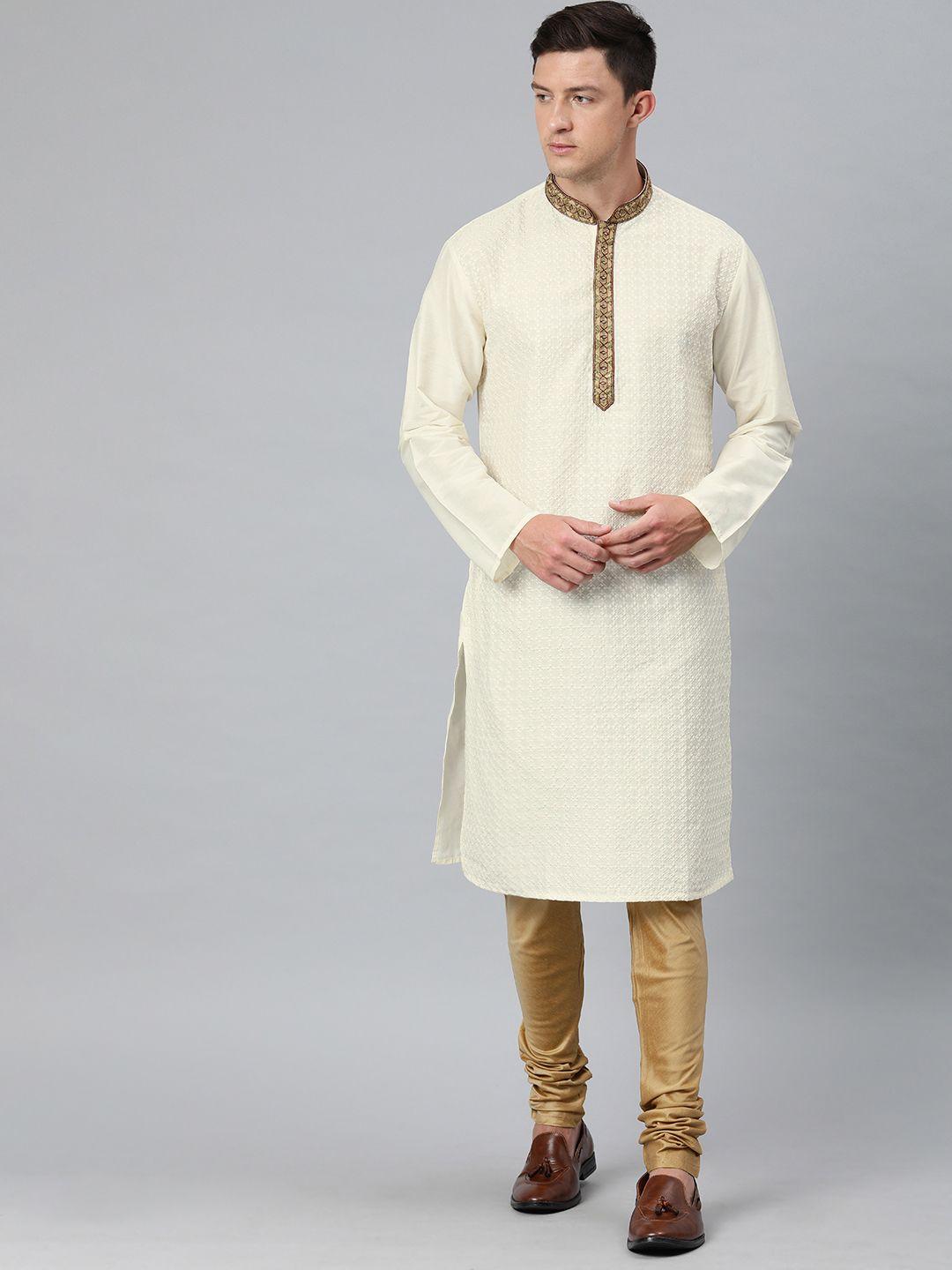 ethnix by raymond men white & beige embroidered kurta with trousers