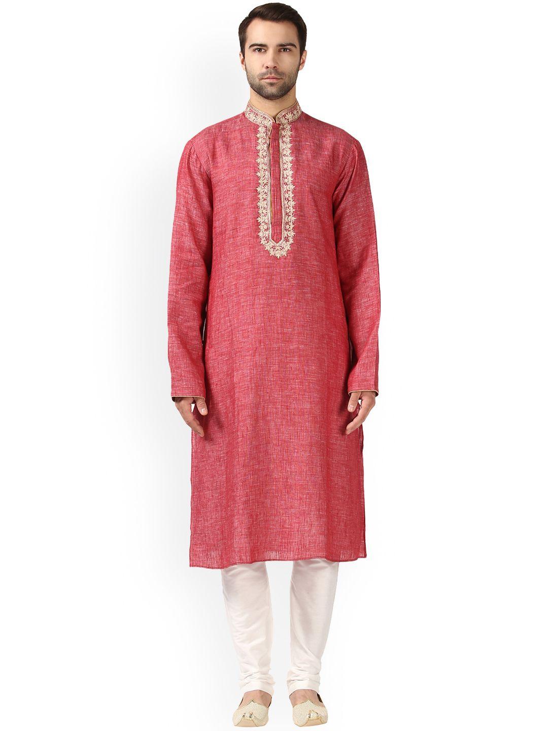 ethnix men red & off-white solid kurta with churidar