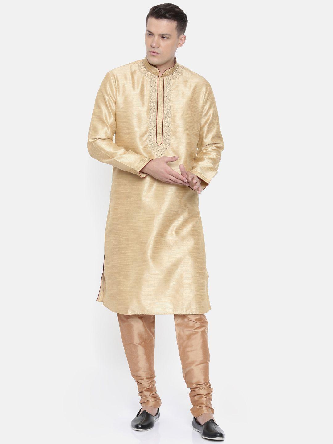 ethnix by raymond men beige & maroon embroidered kurta with churidar