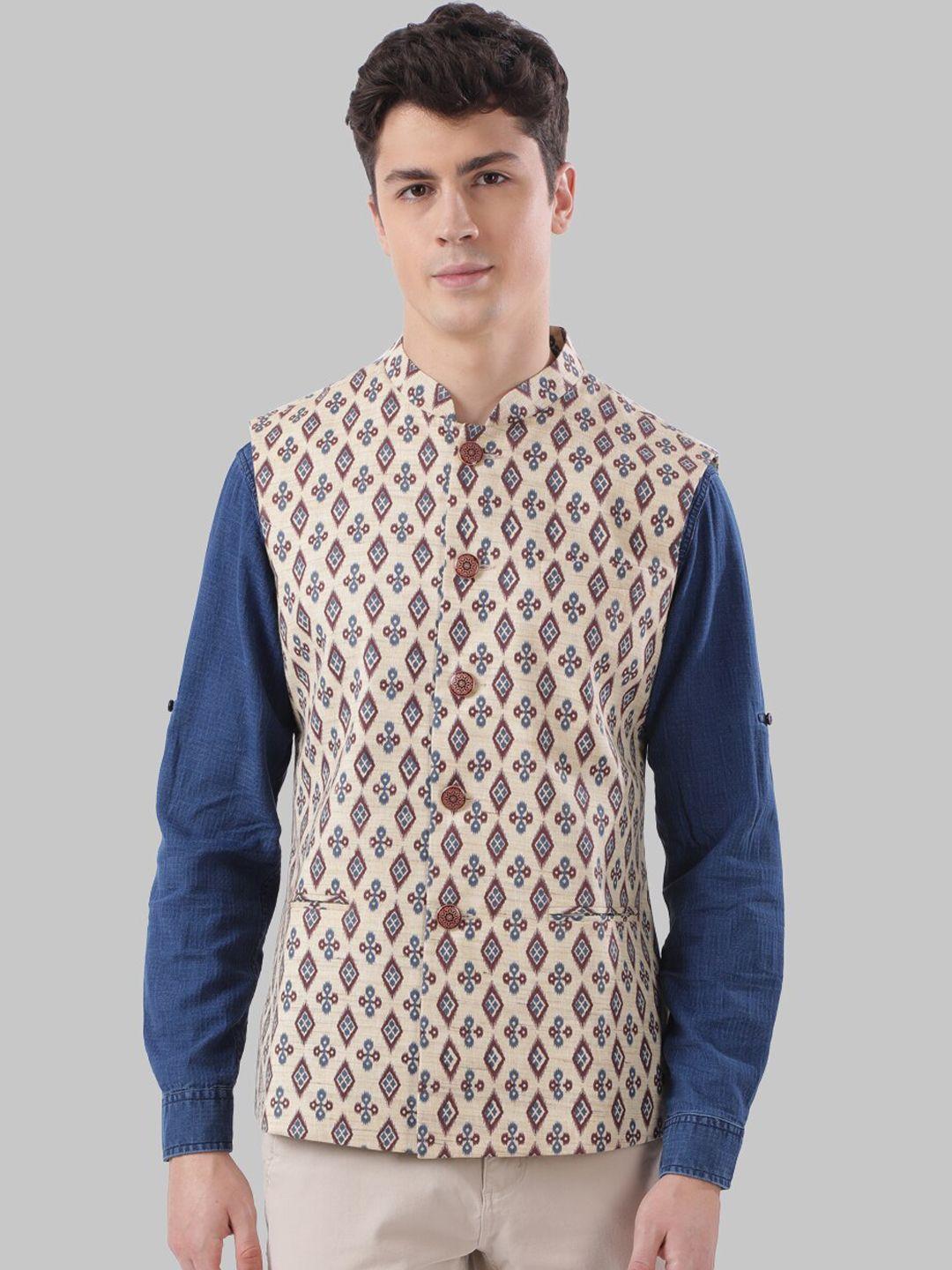 ethnix by raymond men beige & maroon printed nehru jacket