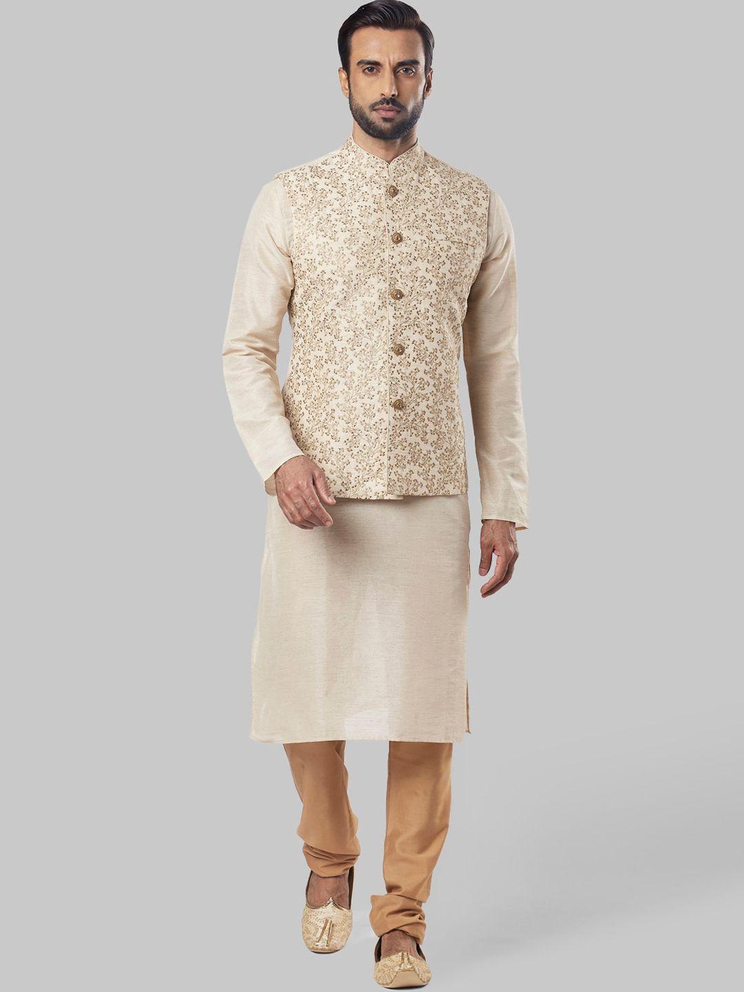 ethnix by raymond men beige solid thread work kurta