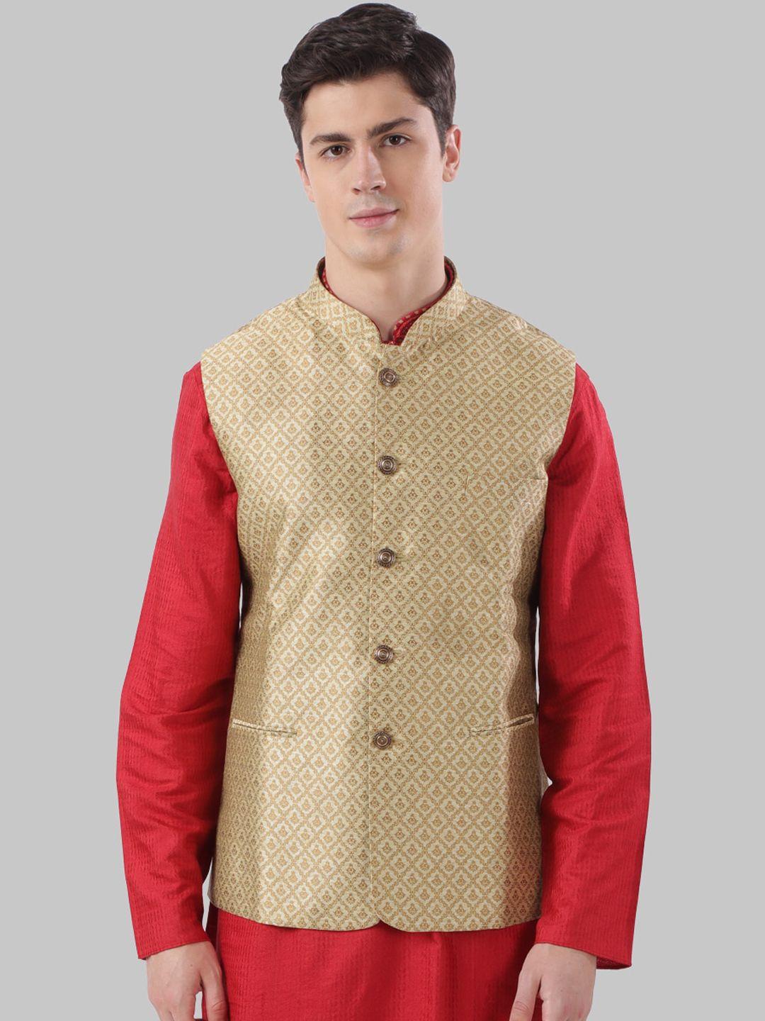 ethnix by raymond men beige woven design nehru jacket