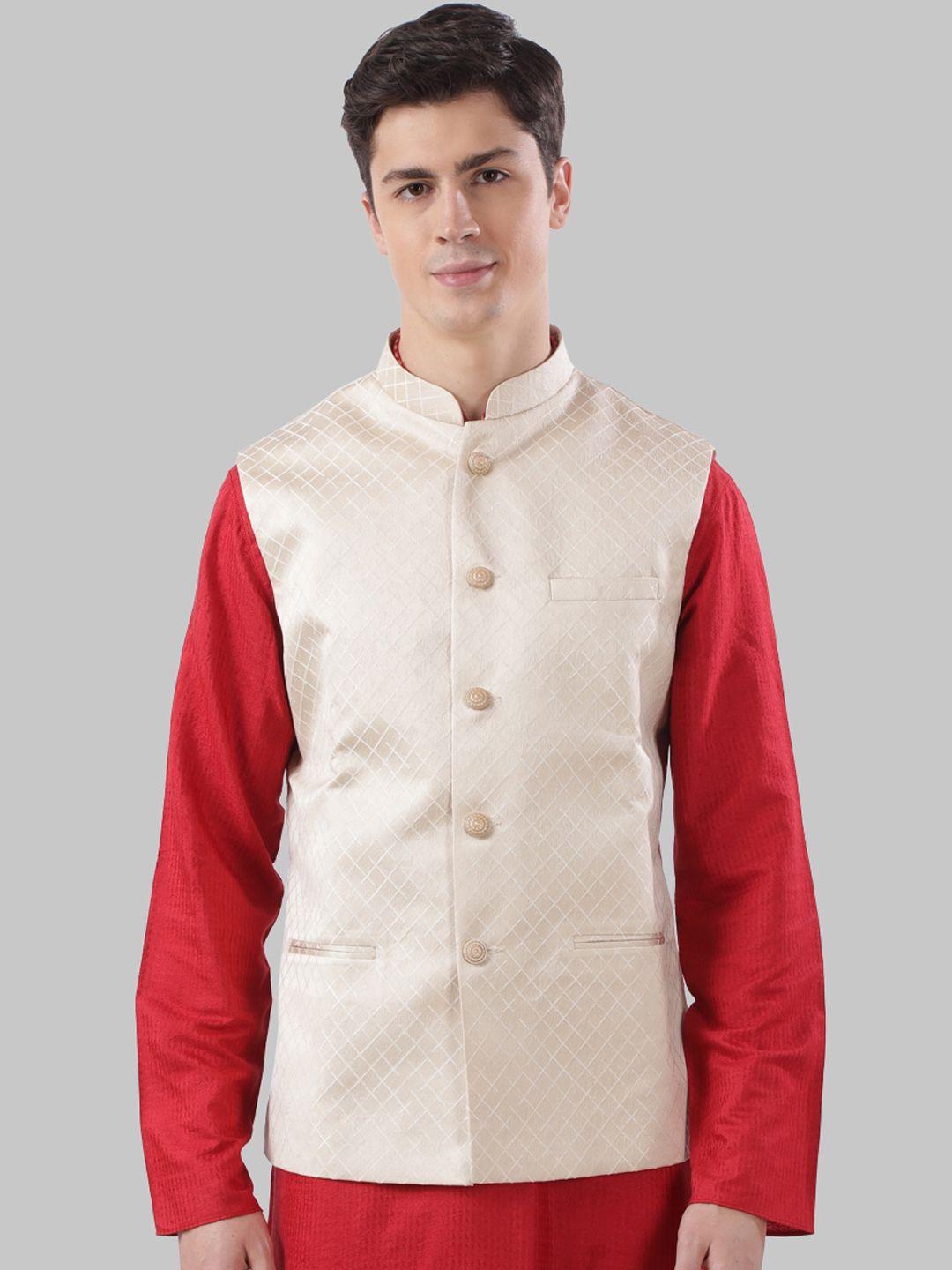 ethnix by raymond men beige woven design nehru jacket