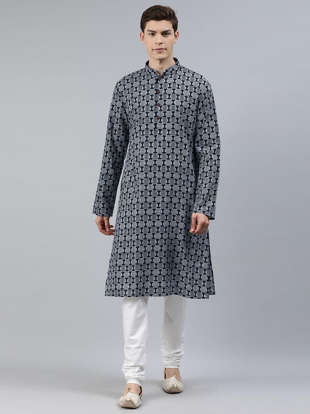 ethnix by raymond men black & white printed kurta with churidar