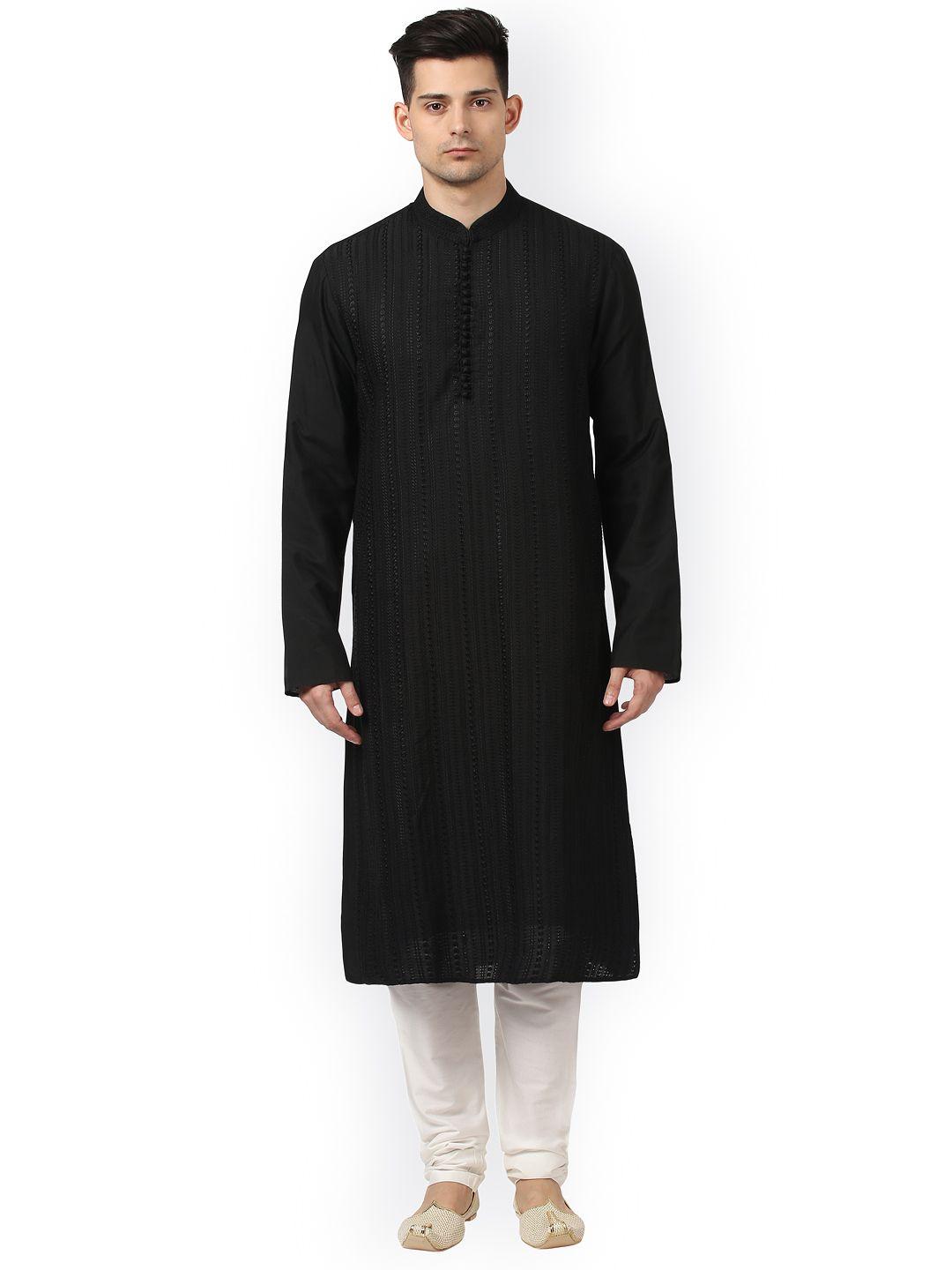 ethnix by raymond men black self design kurta with churidar