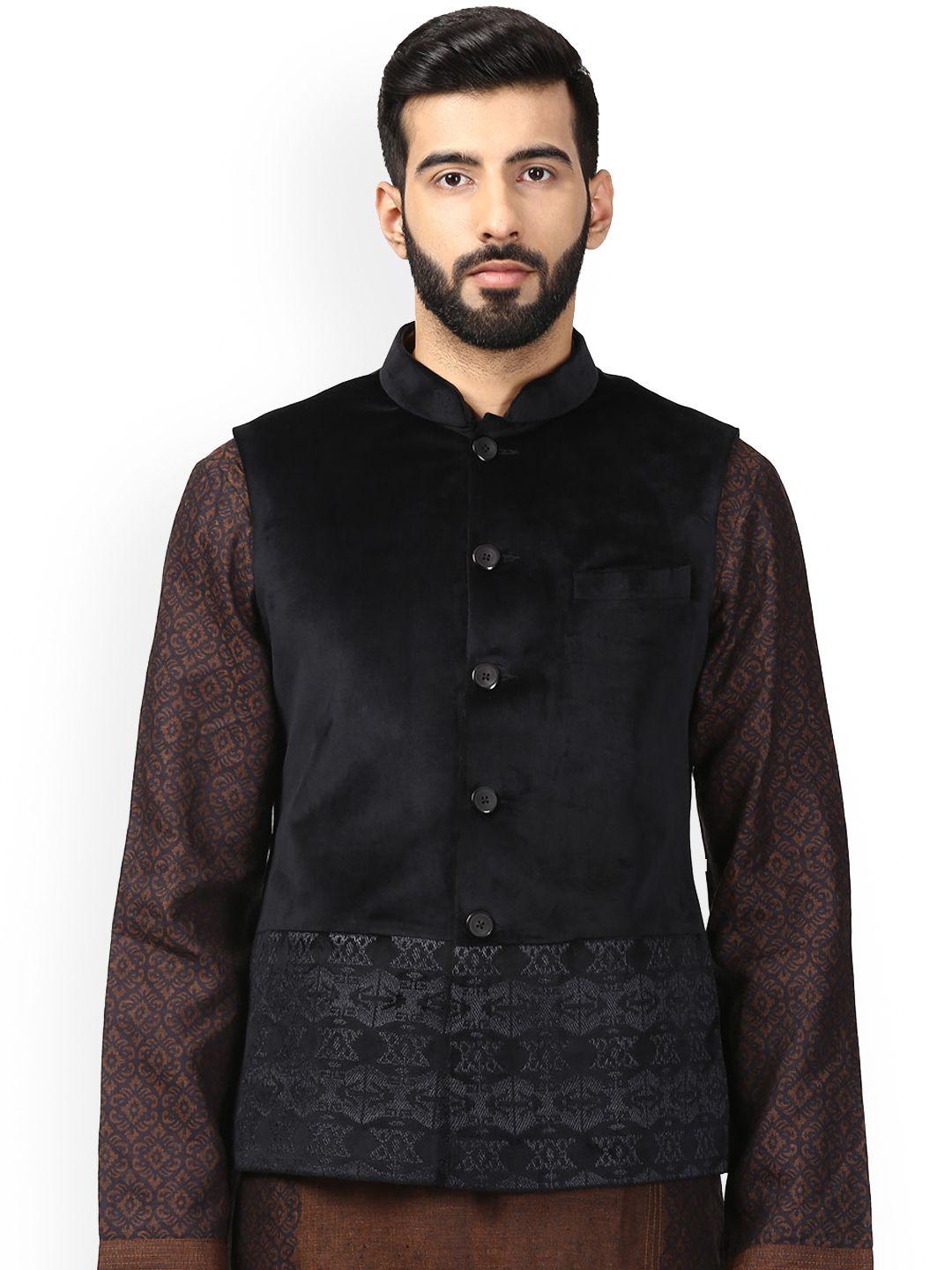 ethnix by raymond men black solid velvet nehru jacket