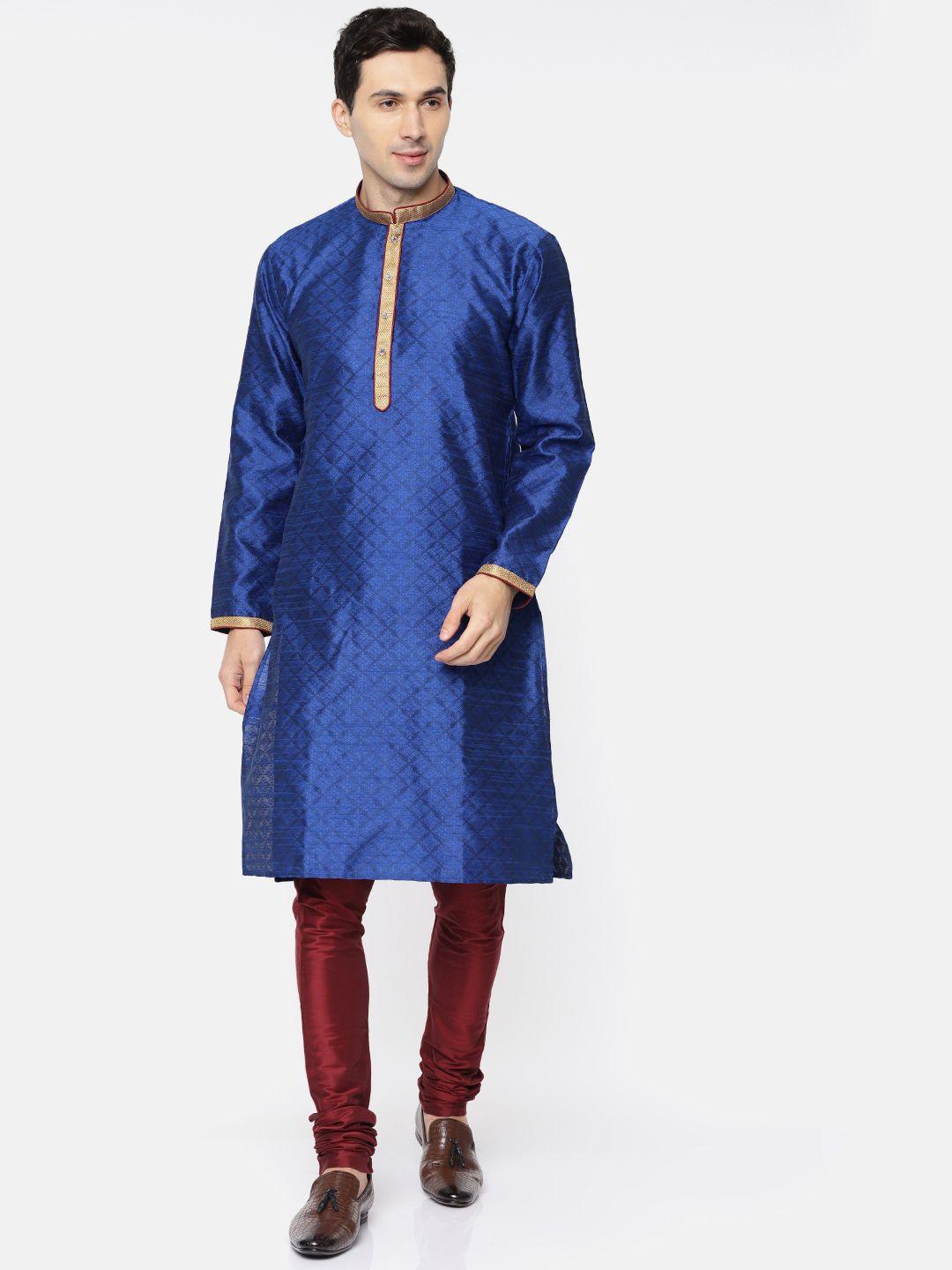 ethnix by raymond men blue & maroon self design kurta with churidar